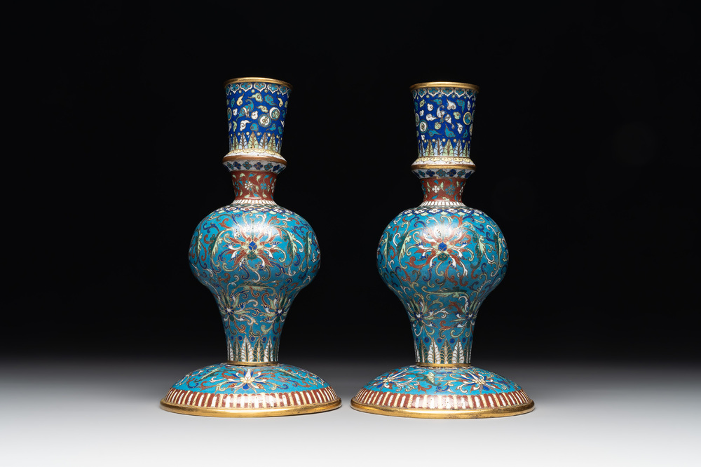 A pair of Chinese cloisonn&eacute; 'ganglu ping' or holy water vases, 18/19th C.