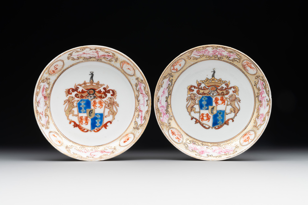 A pair of Chinese famille rose armorial saucers with the arms of Arendsma van Idsinga for the Dutch market, Qianlong