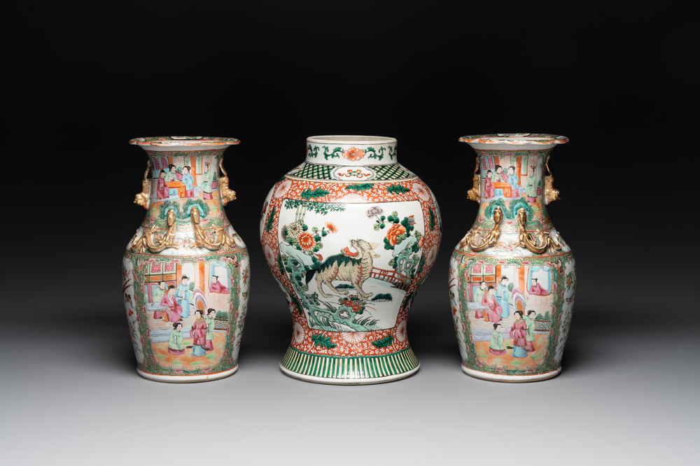 A Chinese famille verte 'mythical animal' vase and two Canton famille rose vases, 19th C.