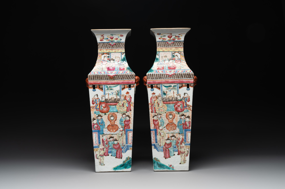 A pair of square Chinese famille rose vases with narrative design, 19th C.