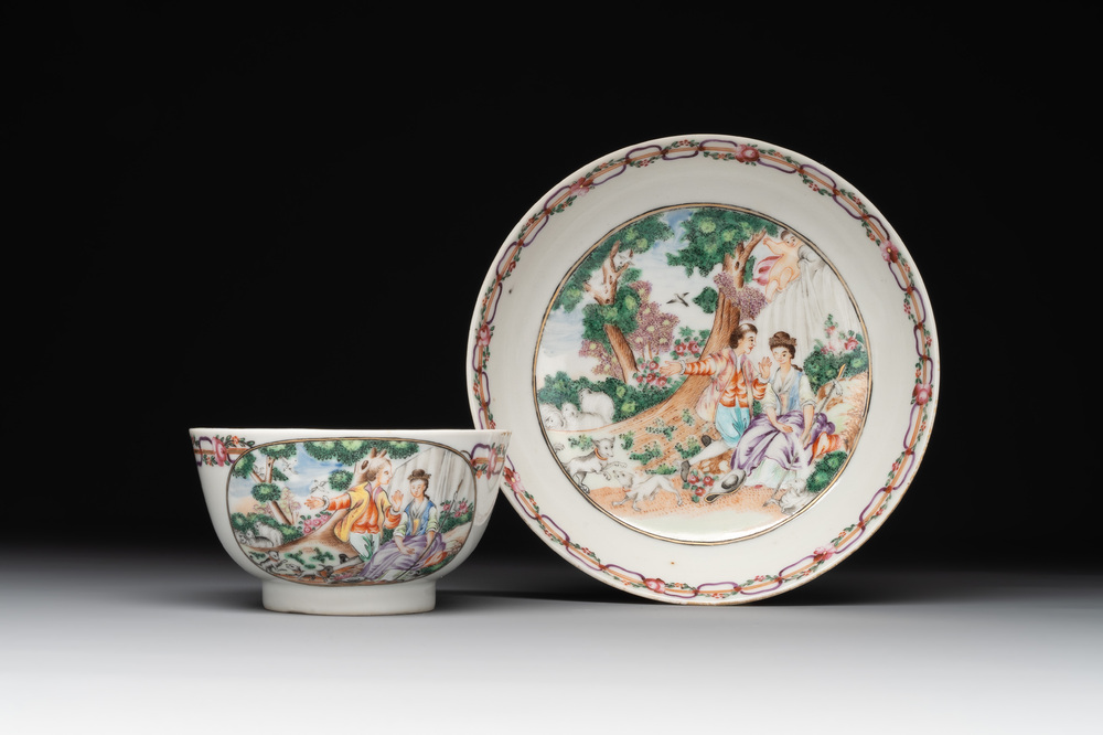 A Chinese famille rose 'Les Plaisirs du Printemps' cup and saucer, Qianlong