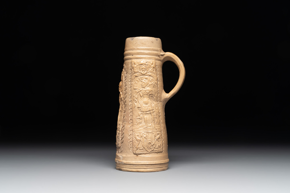 A Siegburg stoneware 'Schnelle' depicting Hannibal, Leonidas and Jupiter, dated 1566