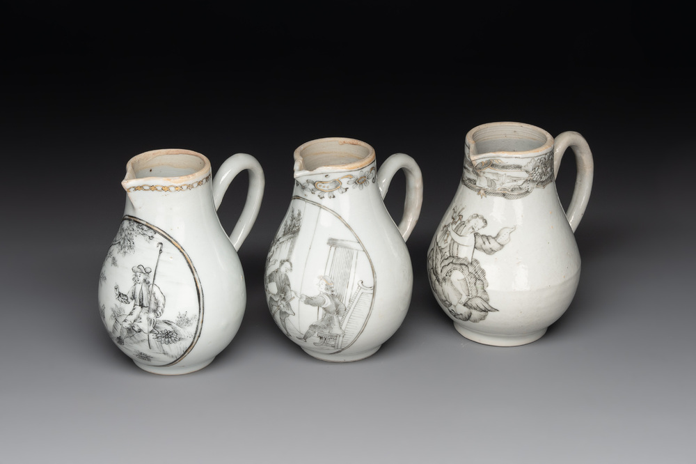 Three various Chinese gilt-decorated grisaille 'European subject' milk jugs, Qianlong