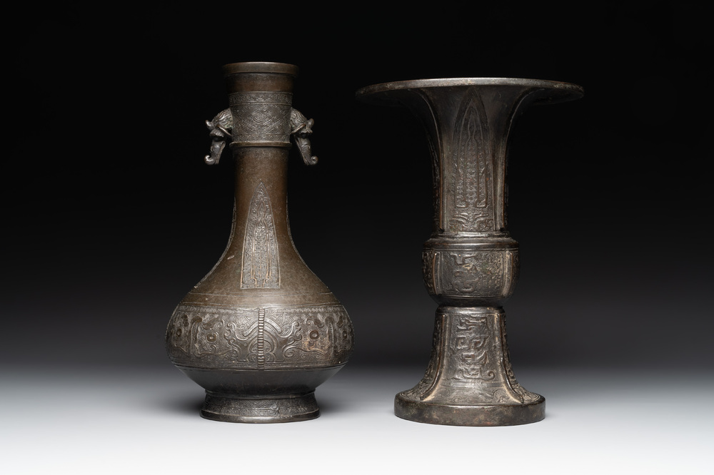 Two Chinese archaistic bronze vases with relief design, Ming