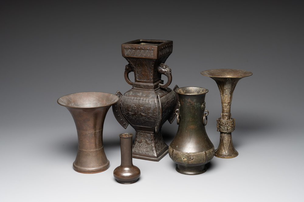 Five various Chinese archaistic bronze vases, Ming/Qing