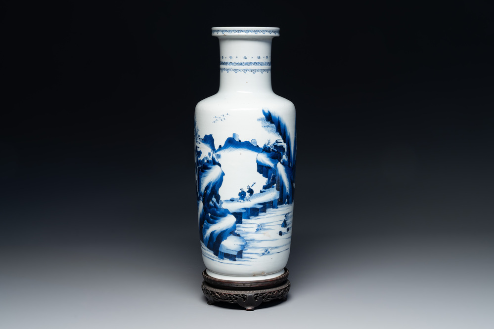 A Chinese blue and white rouleau vase with fishermen in a landscape, Kangxi