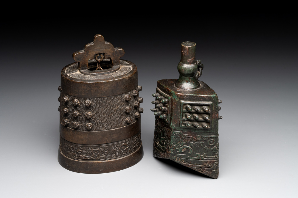 Two Chinese archaistic bronze bells, Song/Yuan