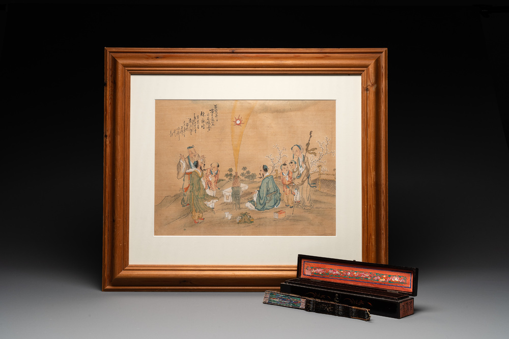 A Chinese Canton gilt-lacquered and painted paper fan and a framed relief painting, 19th C.
