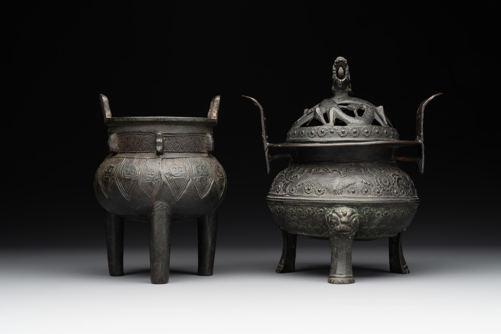 Two Chinese archaistic bronze censers, one with cover, 'ding 鼎', Song/Yuan