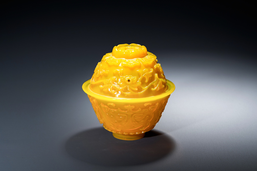 A fine Chinese yellow Peking glass bowl and cover, Qianlong mark and of the period