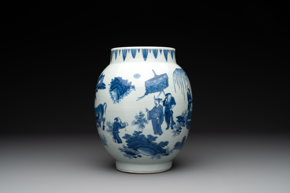 A Chinese blue and white vase with narrative design, Transitional period