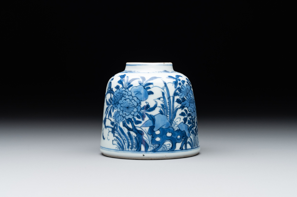 A Chinese blue and white bell-shaped water pot with birds among flowering branches, Kangxi