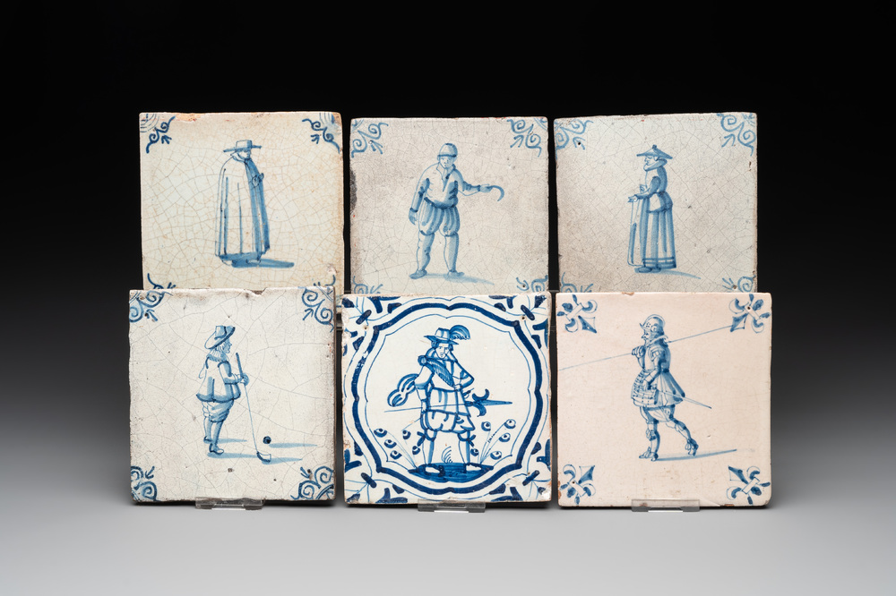 Six blue and white Dutch Delft tiles with large figures, 17th C.