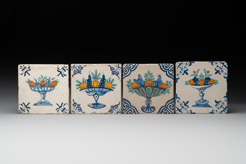 Four polychrome Dutch Delft 'fruit bowl' tiles, 17th C.