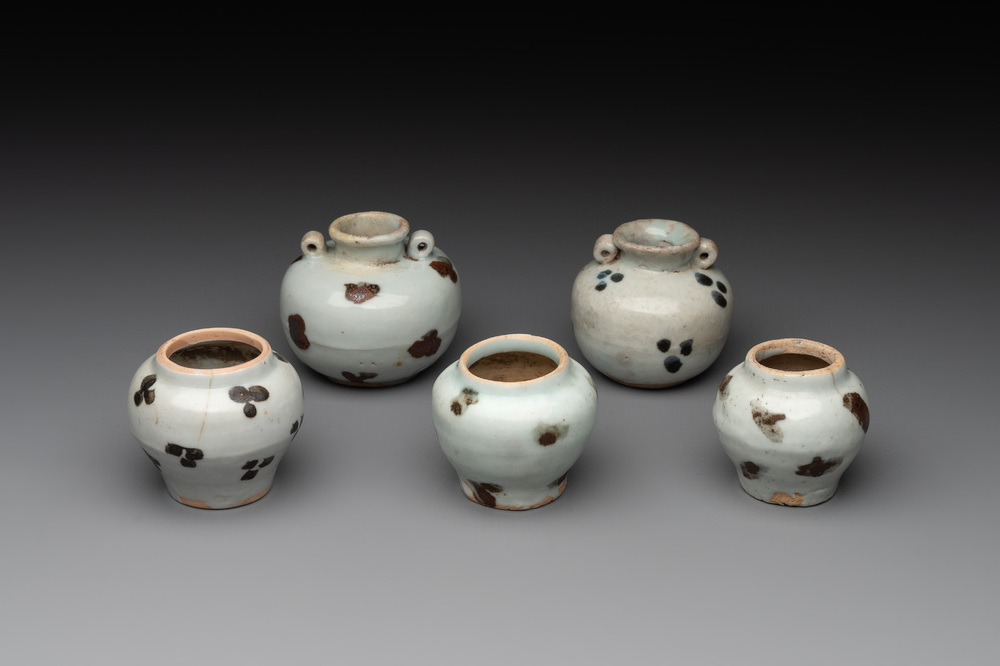 Five Chinese russet-splashed Longquan celadon jarlets, Song/Yuan