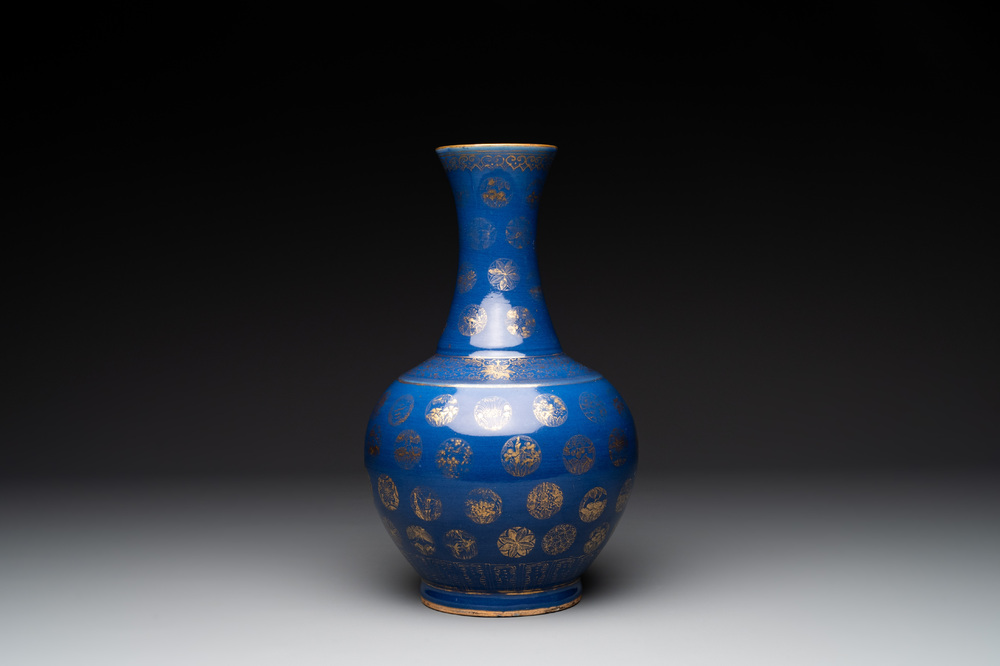 A Chinese gilt-decorated powder blue bottle vase, Guangxu mark and of the period
