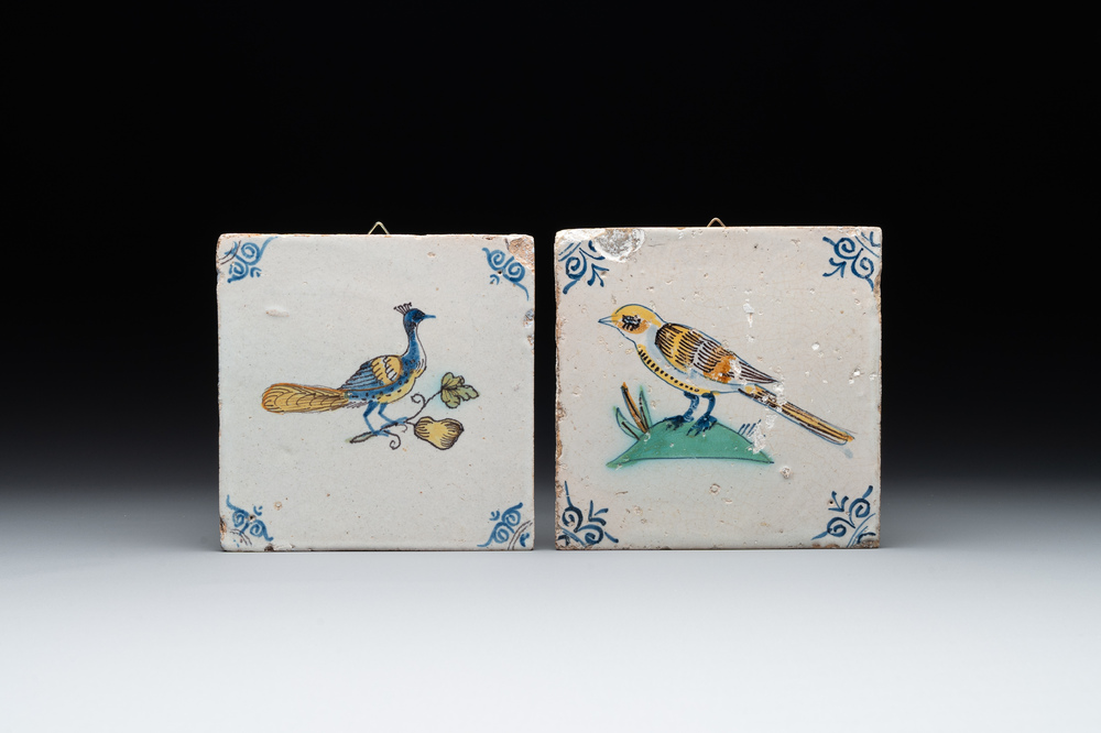 Two polychrome Dutch Delft 'bird' tiles, 17th C.