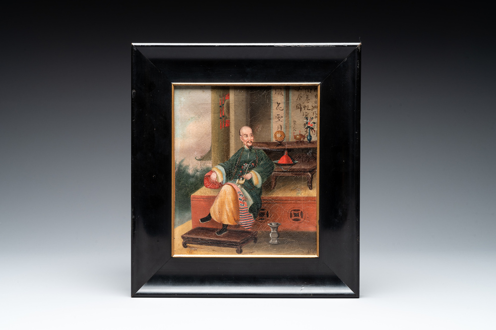 Canton school, workshop of Lamqua: 'Portrait of a Pipe Smoker', oil on canvas, 19th C.