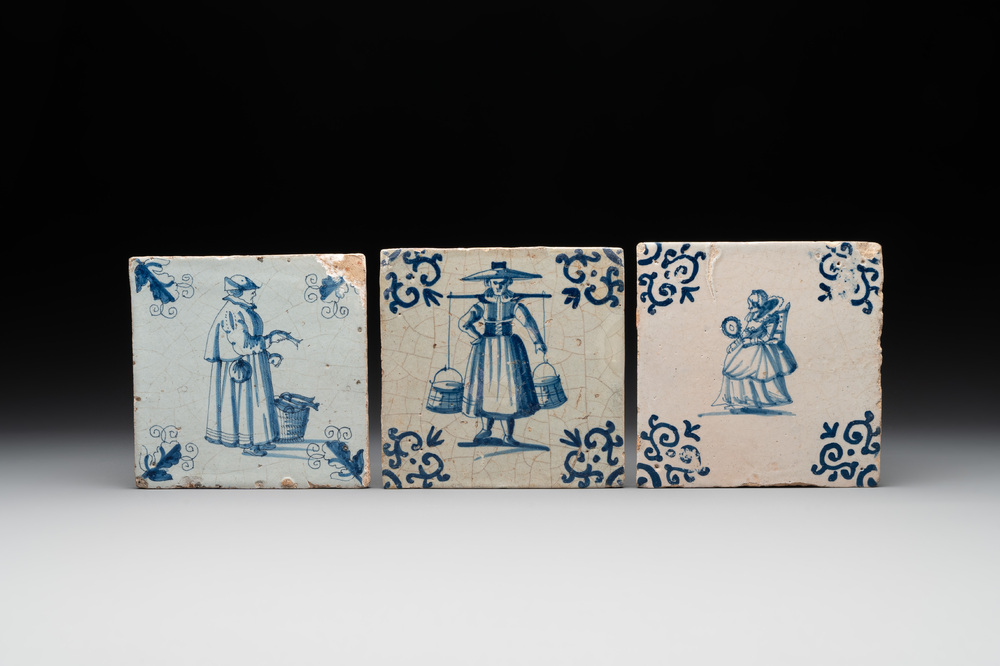 Three blue and white Dutch Delft tiles with ladies, 17th C.
