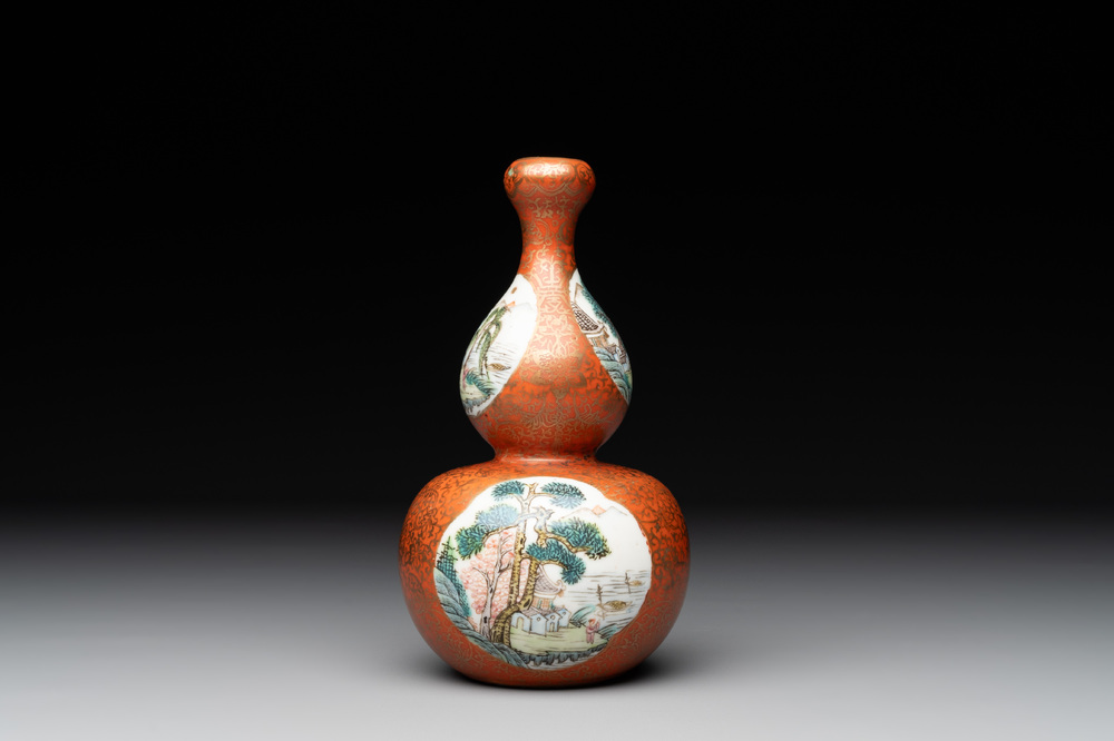 A Chinese famille rose coral-red-ground 'landscape' gourd vase, Qianlong mark, Republic