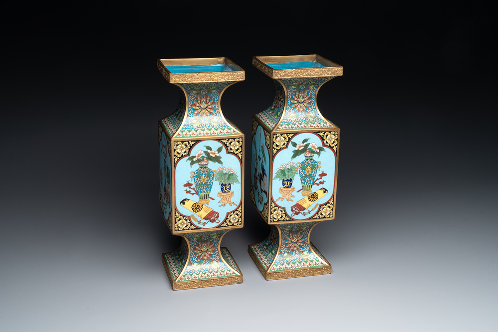 A pair of fine Chinese rectangular cloisonn&eacute; 'antiquities' 'gu' vases, 19/20th C.
