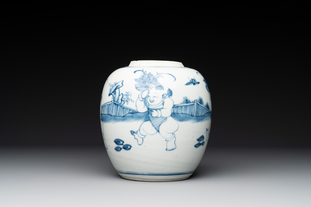 A Chinese blue and white 'playing boys' jar, Yongzheng