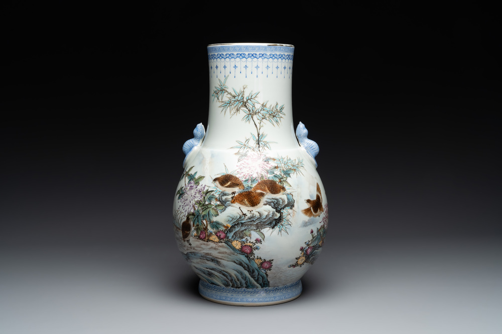 A Chinese famille rose 'quails' 'hu' vase, signed Xiong Mengting 熊夢亭, dated 1969