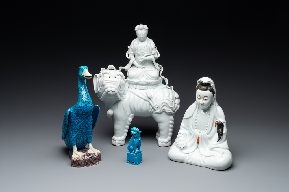 Two Chinese white-glazed Bodhisattva, a sancai-glazed duck and a turquoise-glazed lion, 20th C.