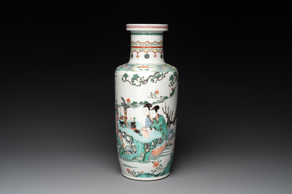 A Chinese famille verte 'Er Qiao Bing Du 二喬并讀&lsquo; rouleau vase, Chenghua mark, 20th C.