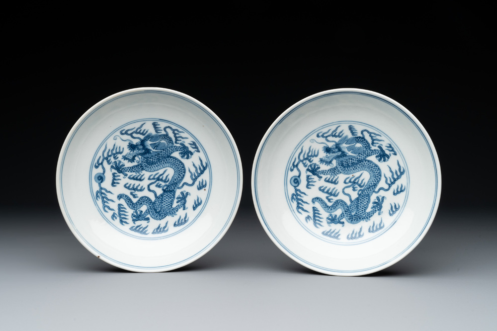 A pair of imperial Chinese blue and white 'dragon' plates, Daoguang mark and of the period