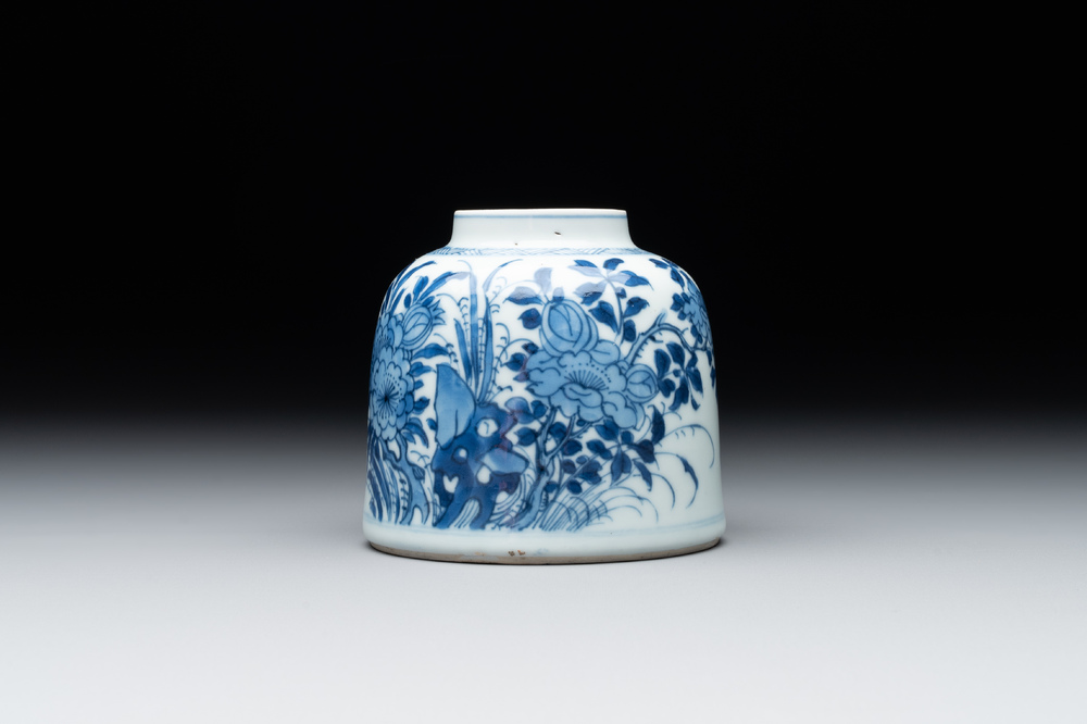 A Chinese blue and white bell-shaped water pot with birds among flowering branches, Kangxi
