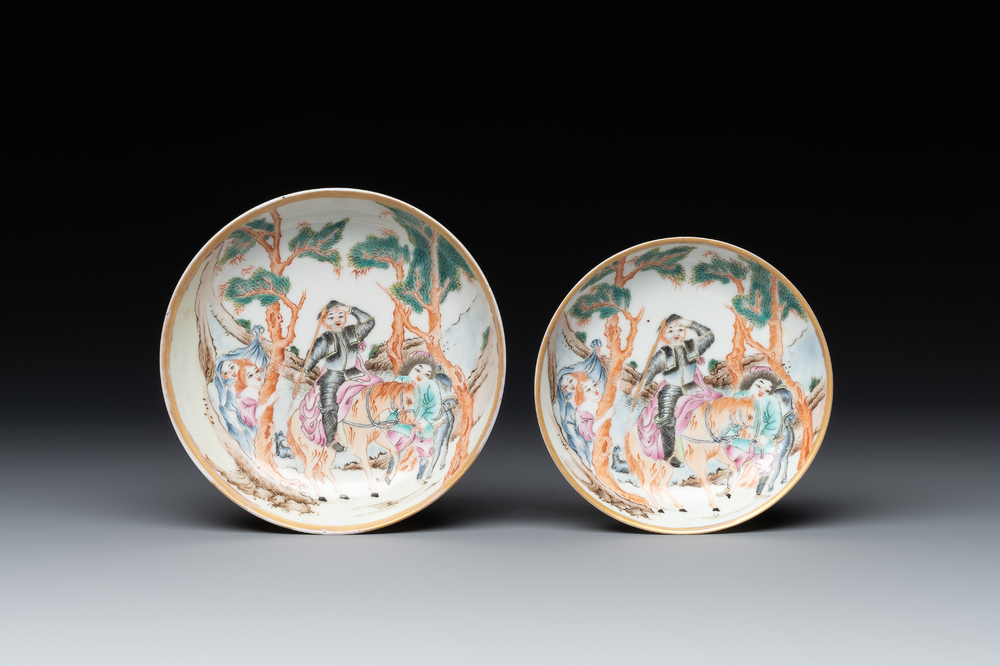 Two Chinese famille rose 'Don Quixote' saucers, 18/19th C.