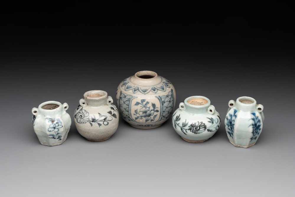 A collection of five Chinese blue and white jarlets, Yuan