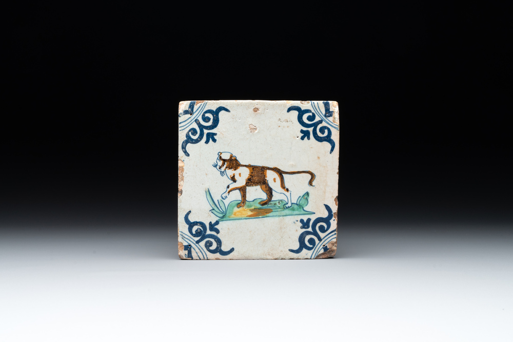 A polychrome Dutch Delft 'panther' tile, 17th C.
