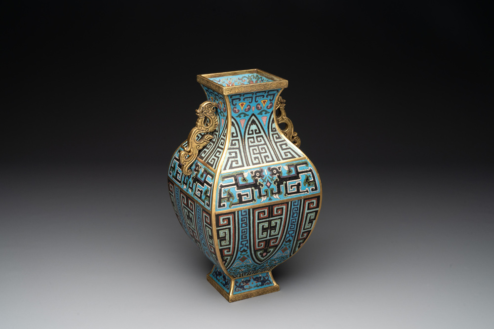A Chinese cloisonn&eacute; square archaic-style vase, Qianlong and Ren mark, 19/20th C.