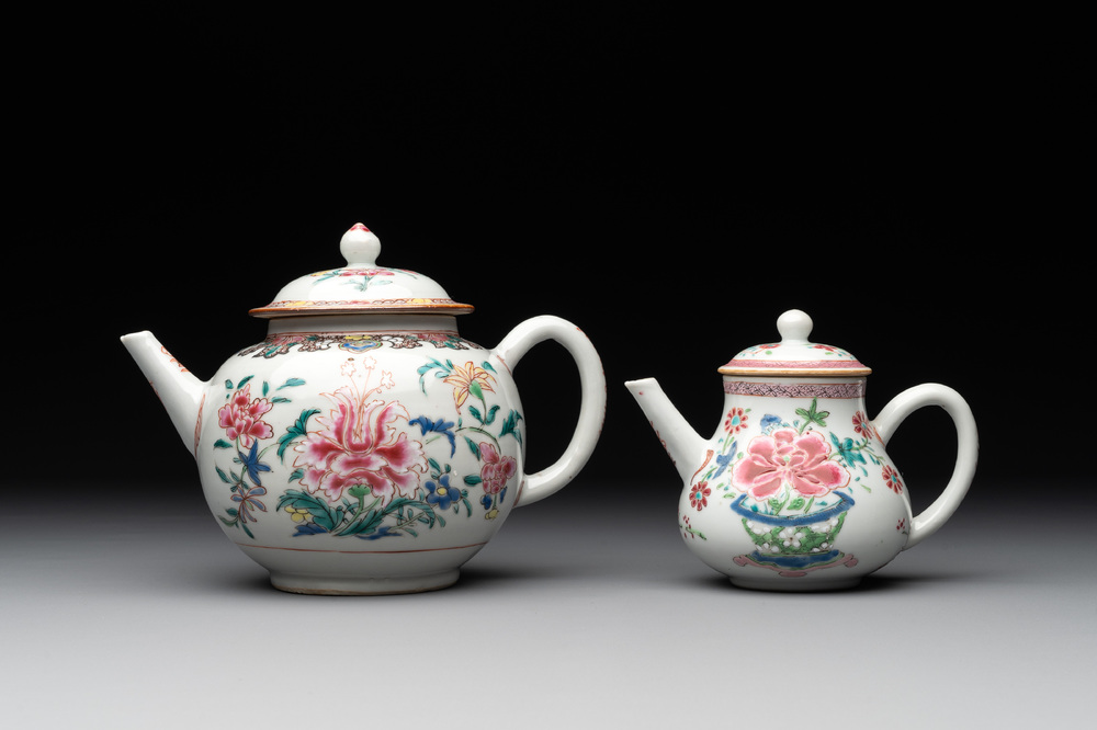 Two Chinese famille rose teapots with floral design, Yongzheng/Qianlong
