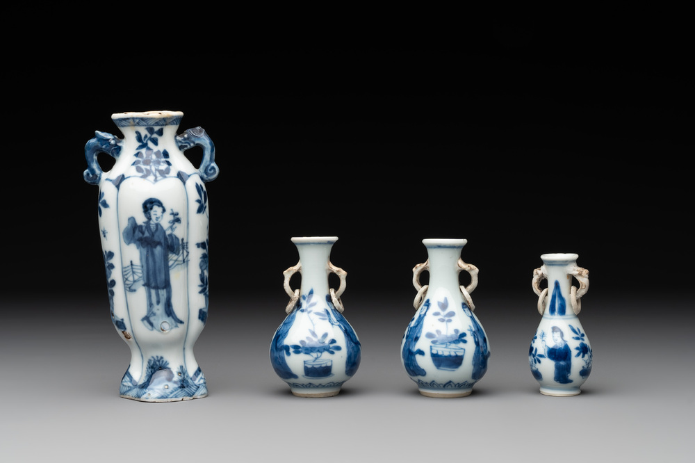 Four Chinese blue and white miniature 'Long Eliza' vases, Kangxi