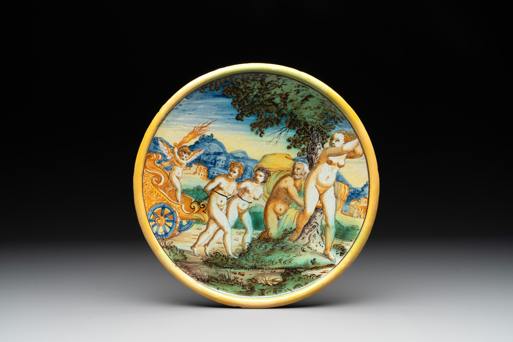 An Italian maiolica dish with 'Adam and Eve being expelled from paradise', 16/17th C.