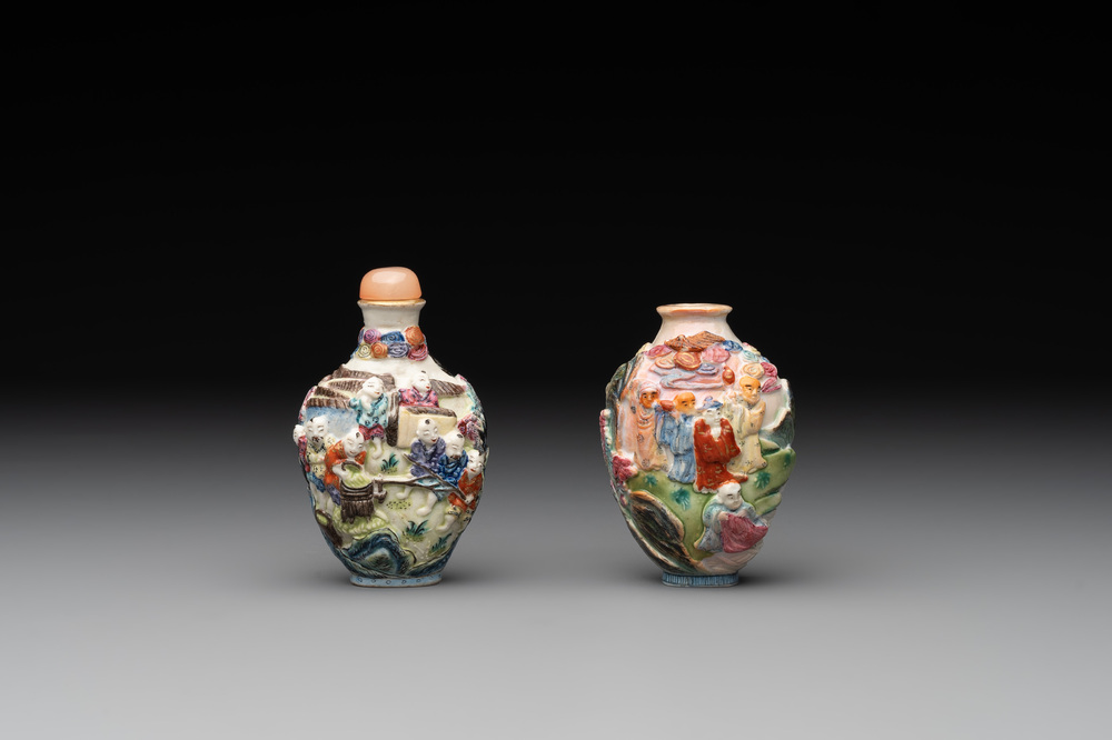 Two Chinese famille rose molded snuff bottles with figural design, Qianlong mark, 19th C.
