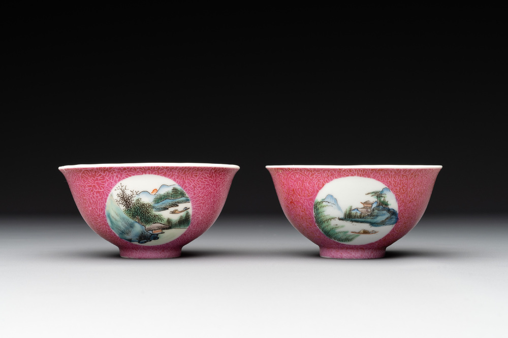 A pair of Chinese puce-sgraffito-ground 'landscape' bowls, Qianlong mark, Republic