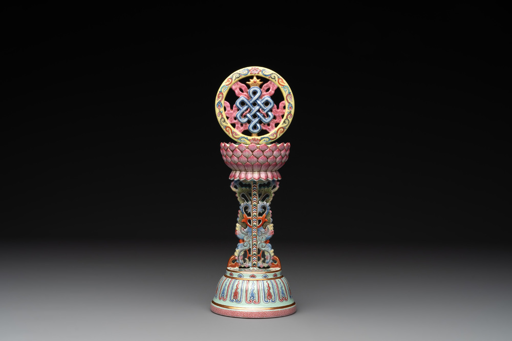 A rare Chinese famille rose Buddhist emblem altar ornament, Qianlong mark and of the period