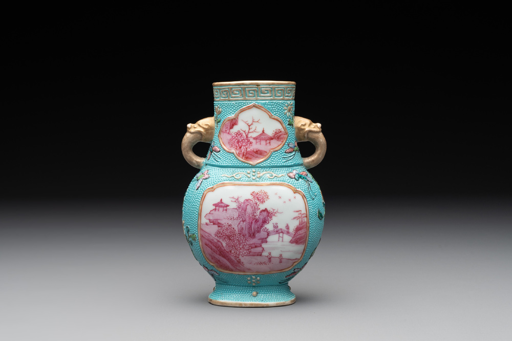 A Chinese famille rose puce-enamelled turquoise-ground 'hu' vase, Republic