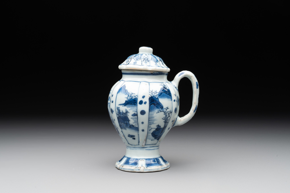 A Chinese blue and white 'landscape' mustard jar and cover, Transitional period
