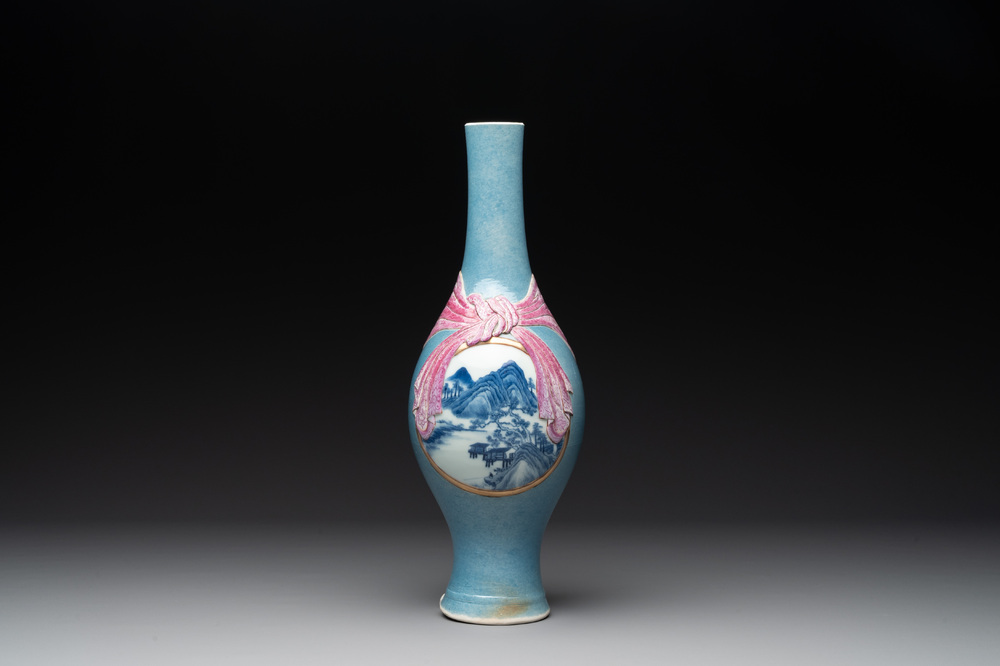 A rare Chinese blue, white and famille rose vase with landscape design, Guangxu mark, dated 1908