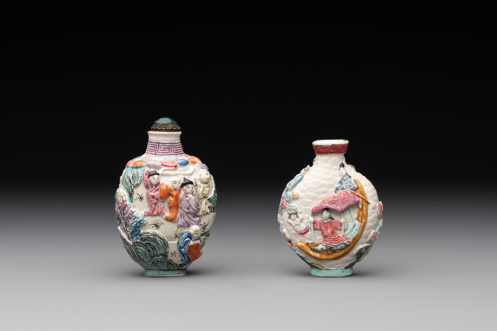 Two Chinese famille rose molded snuff bottles with figural design, Qianlong mark, 19th C.