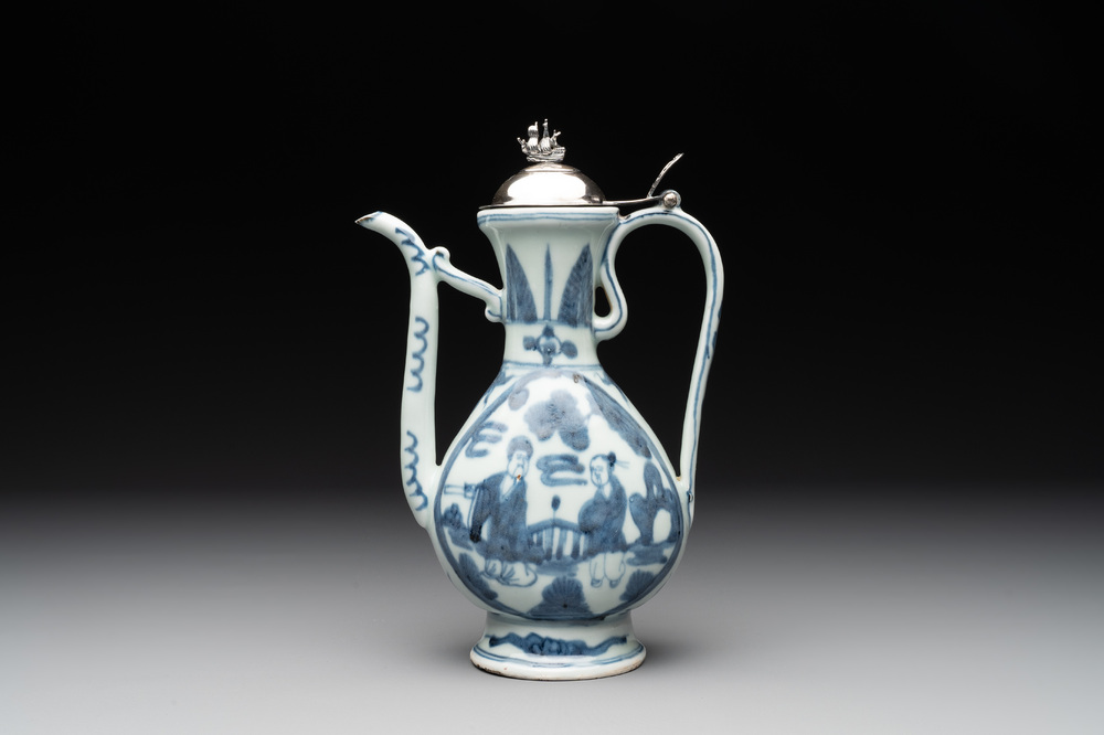 A Chinese silver-mounted blue and white ewer with figures in a landscape, Ming
