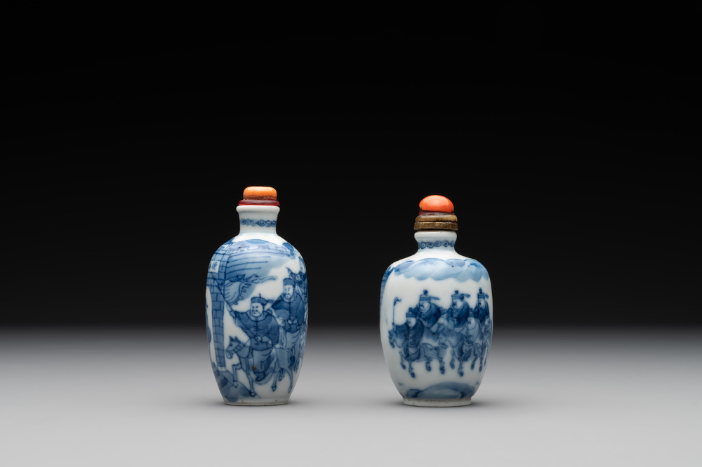 Two Chinese blue and white 'riders on horseback' snuff bottles, Yongzheng mark, 19th C.
