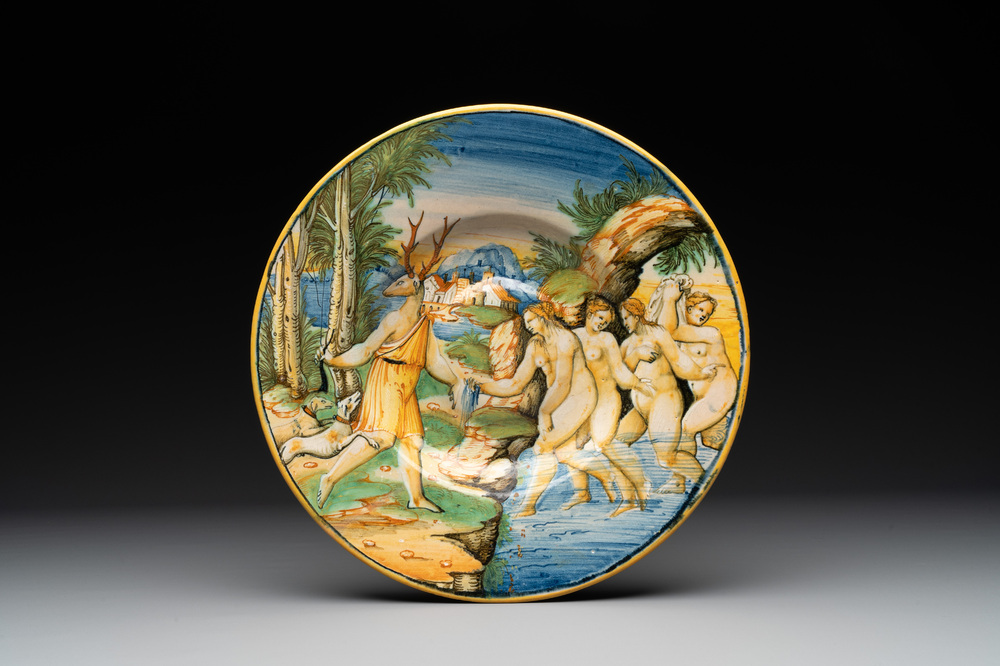 An Italian maiolica istoriato dish with Diana and Actaeon, Urbino, ca. 1550