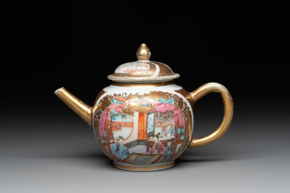 A Chinese Canton gilt-decorated famille rose 'go players' teapot, Yongzheng