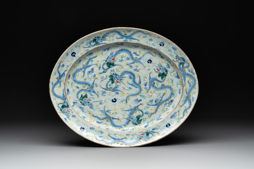 An oval Chinese Canton famille verte 'nine dragons' dish, 19th C.